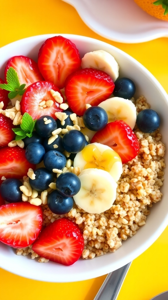 Nutritious Quinoa Breakfast Bowl A nutritious quinoa breakfast bowl with fruits and nuts, garnished with honey, on a kitchen counter.